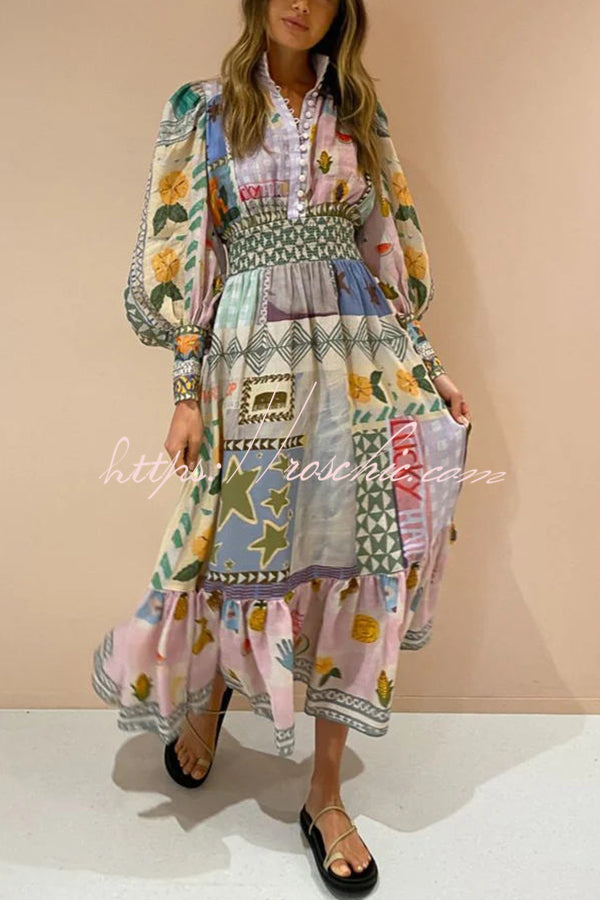 Playfully Chic Unique Print Balloon Sleeve Smocked Waist Shirt Midi Dress