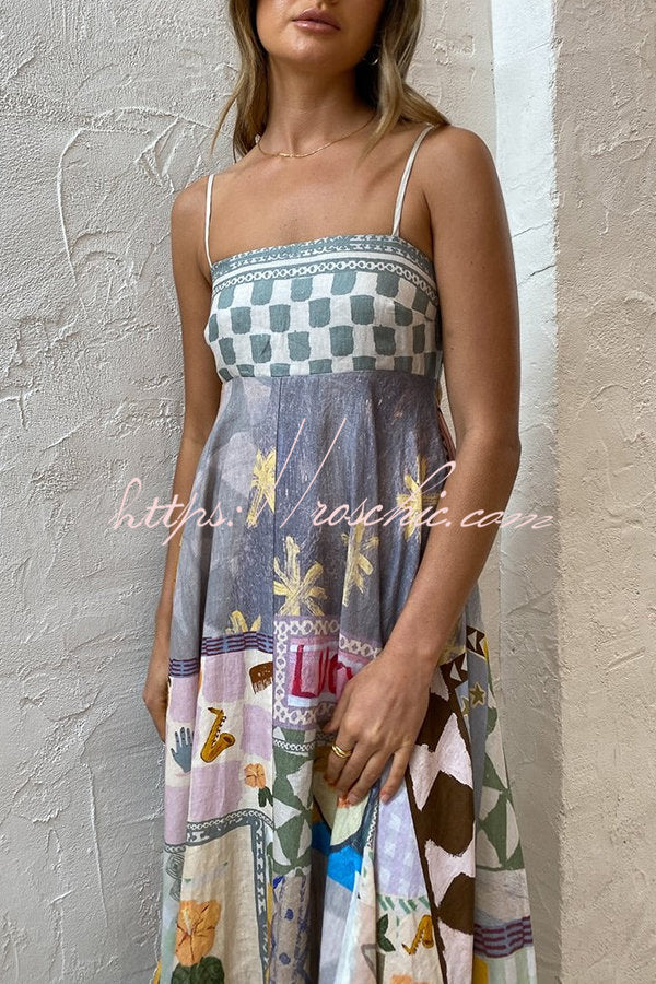 Wonderful Weekend Linen Blend Unique Print Smocked Back Pocketed Midi Dress