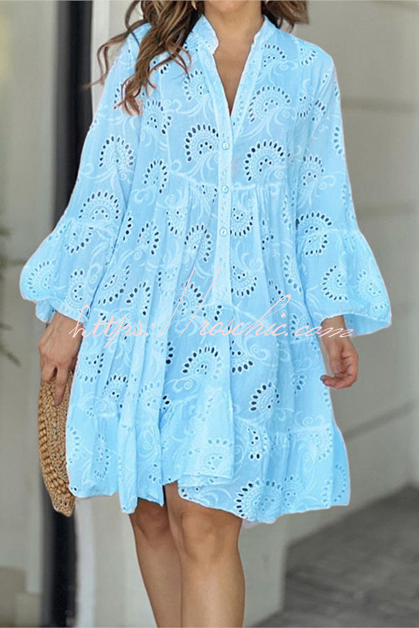 V Neck Embroidered Hollow Lace Flower Mini Dress