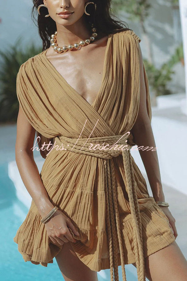 Glimpse of Happiness Linen Blend Draped Braids Belt Cover Up Mini Dress