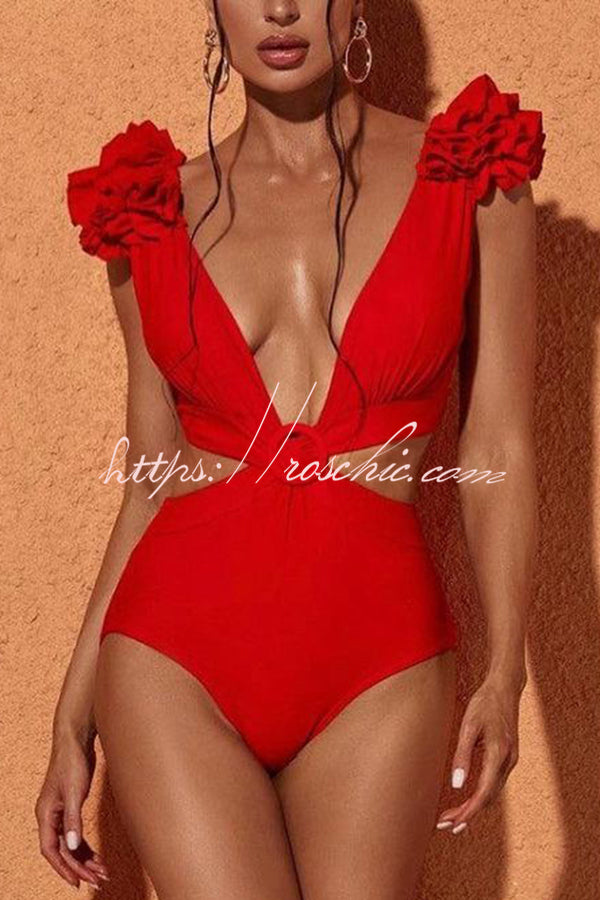 Ruffled V Neck Waist Cutout Solid Hoop Lace Up One Piece Swimsuit