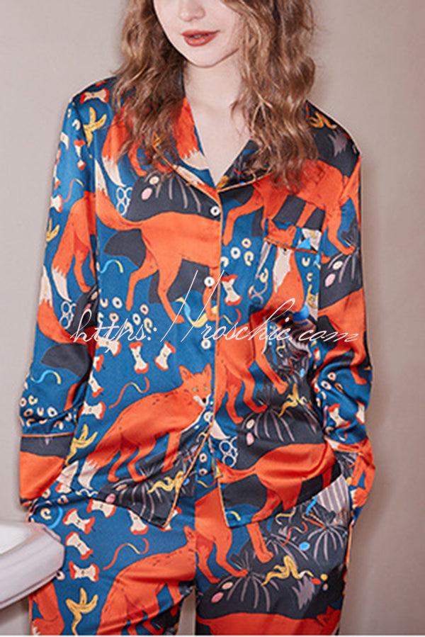 Fox Camping Print Home Long Sleeve Two Piece Set