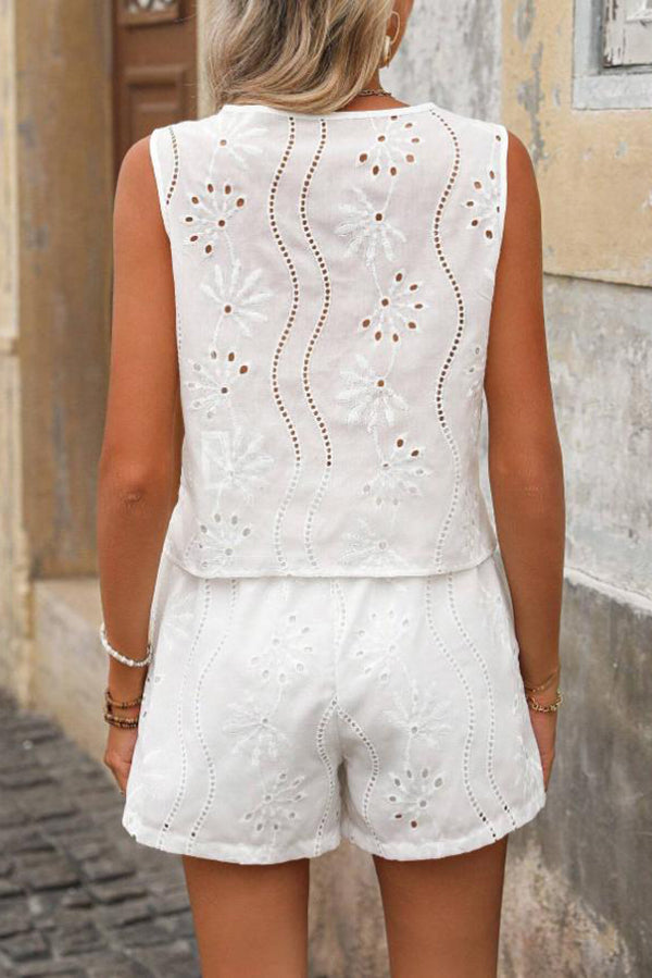 Solid Color Embroidered V-neck Button Casual Vest and Loose Pocket Shorts Set