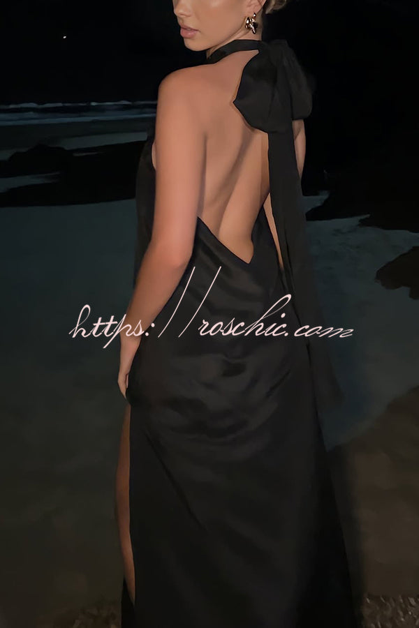 Floral Embellished Satin Halterneck Backless Resort Maxi Dress