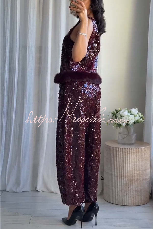 Gala Goddess Sequin High Rise Zipper Waist Wide Leg Pants