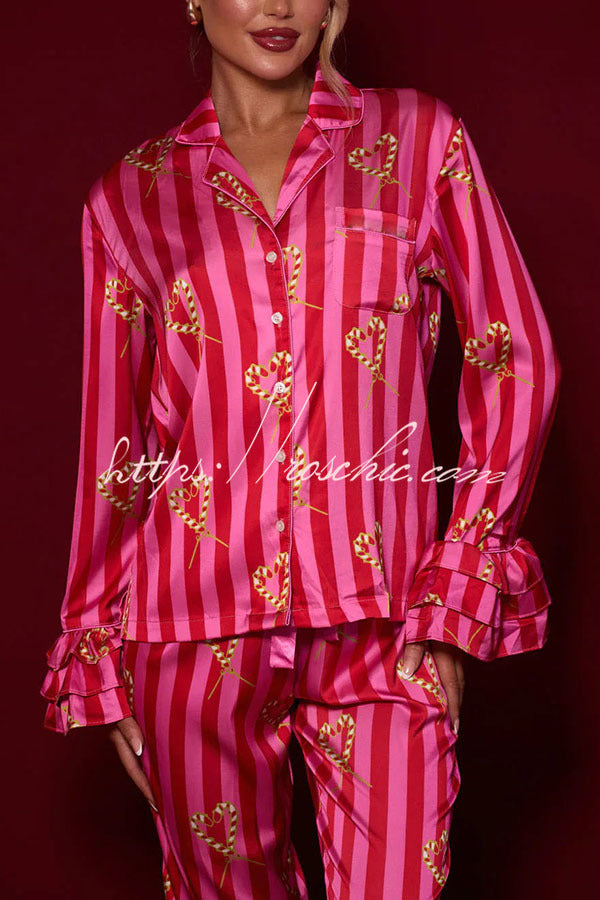 Festive Season Long Candy Stripe Tiered Bell Cuffs Elastic Waist Pocketed Pajama Set