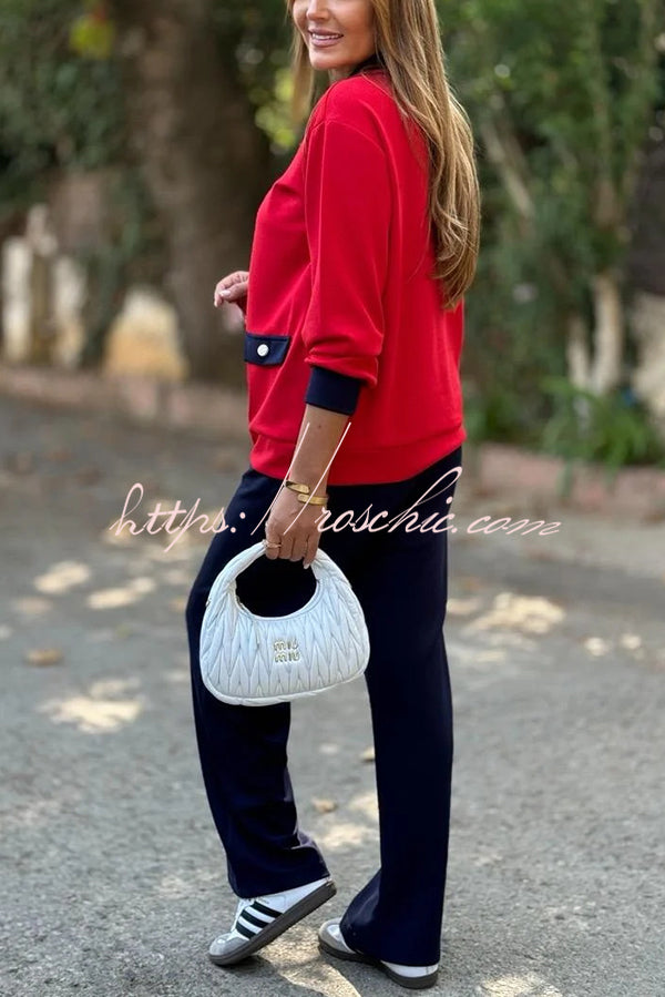 Stylish Color-blocked V-neck Knitted Button-down Cardigan and Elastic Waist Casual Wide-leg Pants Set