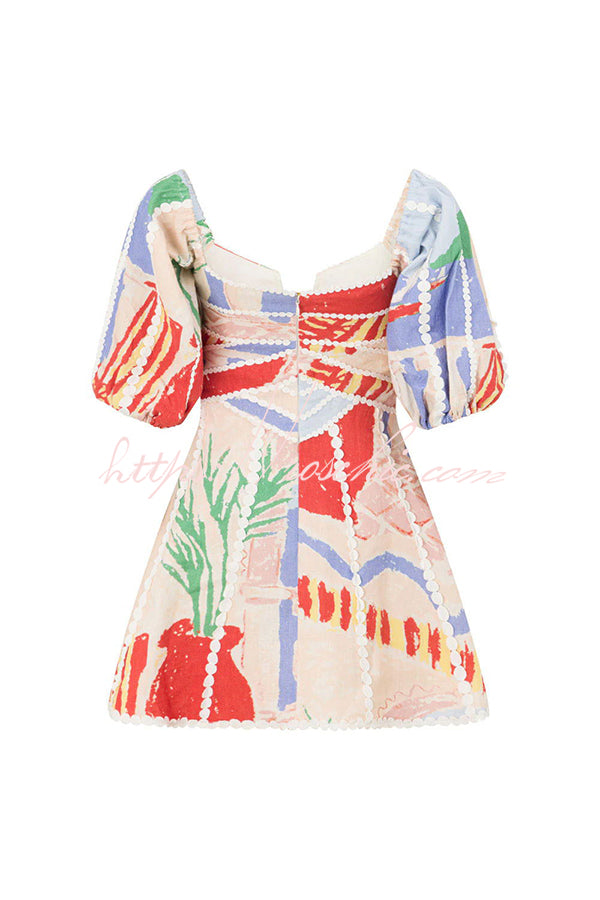 zimmermann painted heart sun midi dress Como Linen Blend Ric Rac Trims Unique Print Puff Sleeve Mini Dress – roschic