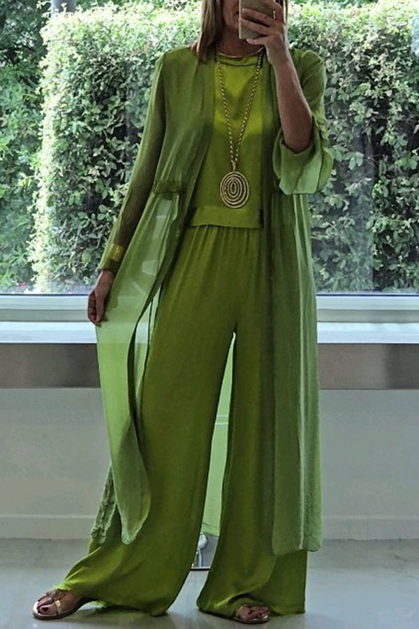 Solid Color Long Cardigan + Round Neck Casual Top and Elastic Waist Wide Leg Pants Three-piece Set