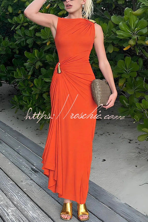 Fashionable Metallic Embellishments Pleated Sleeveless Slim-fit Maxi Dress