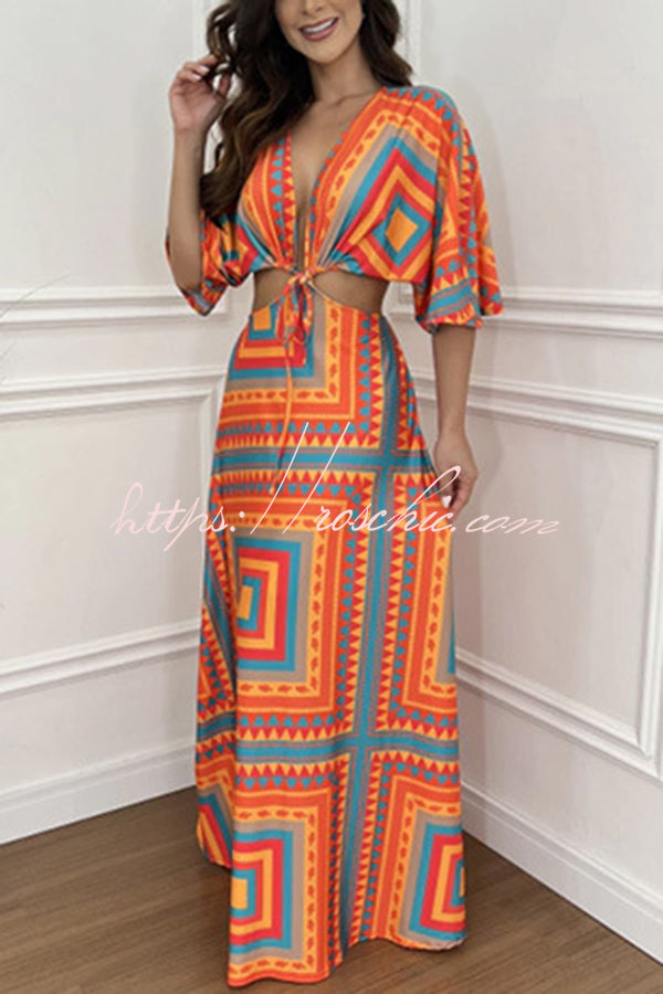 Wilma Unique Print Cutout Elastic Waist Tie-up Kimono Sleeve Maxi Dress