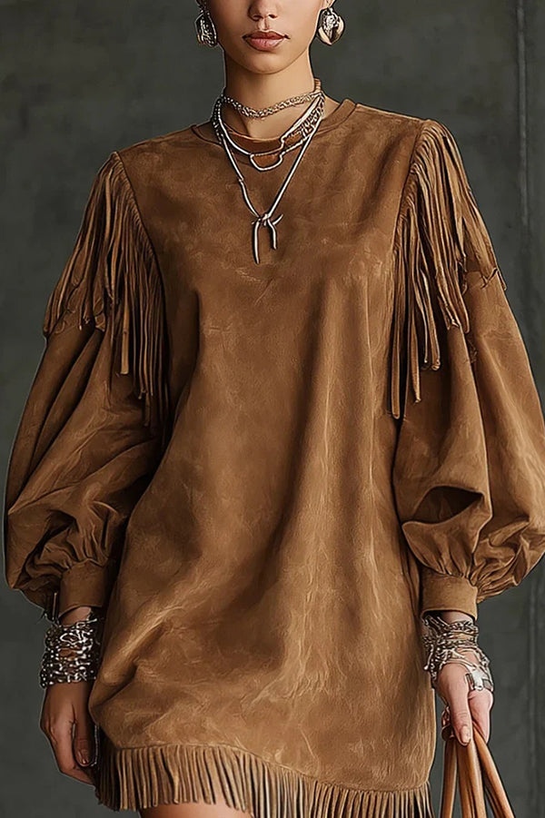 Solid Color Suede Loose Round Neck Lantern Sleeve Tassel Mini Dress