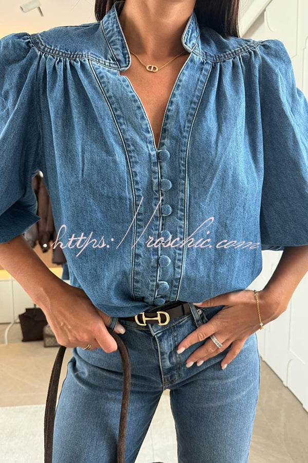 Fashion V-neck Button-down Lantern Sleeve Casual Denim Shirt