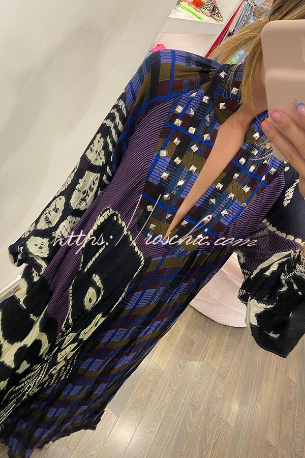 Creative Colorblock Print Long Sleeve Pocketed Shirt Maxi Dress