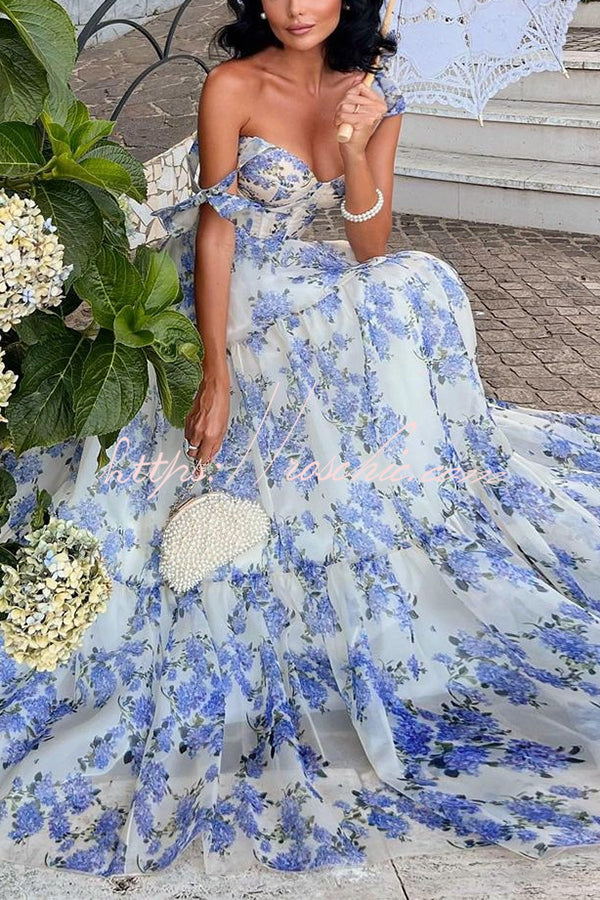 tie strap maxi dress Floral Print Suspender Strappy Back Waist Cinching Organza Maxi Dress – roschic
