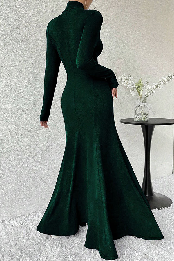 Solid Color High-neck Long-sleeved Slim-fit Fishtail Elegant Maxi Dress