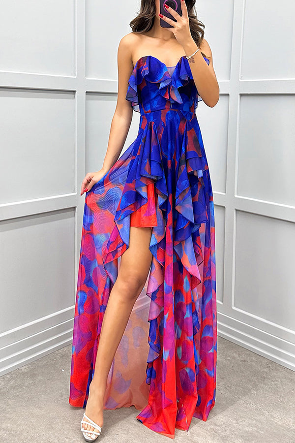 Loving Moment Gradient Unique Print Flowing Layered Ruffles Strapless roschic Loving Moment Gradient Unique Print Flowing Layered Ruffles Strapless roschic