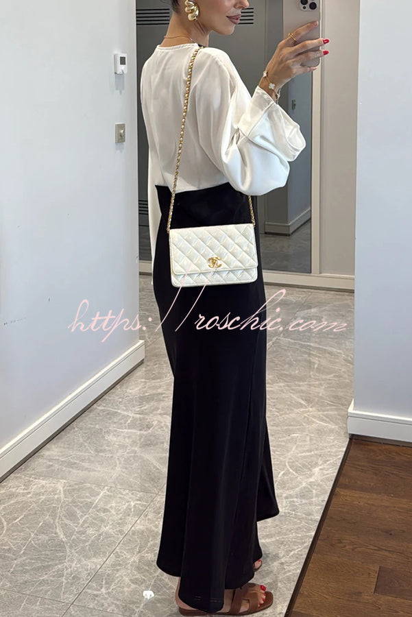 Lainei Contrast Color Satin Lace Trim V-neck Long Sleeve Maxi Dress