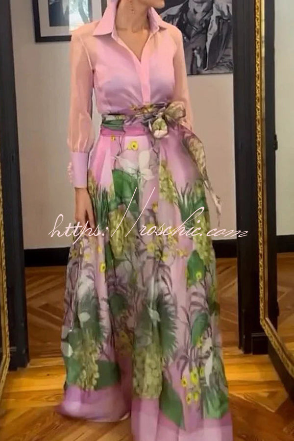 Seeds of Happiness Tulle Floral Print Elastic Waist Belt Pocketed Maxi Skirt