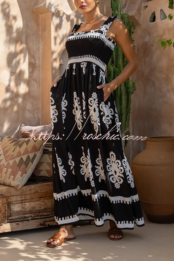 National Boho Style Unique Print Smocked Bust Wide Strap Pocket Maxi Dress