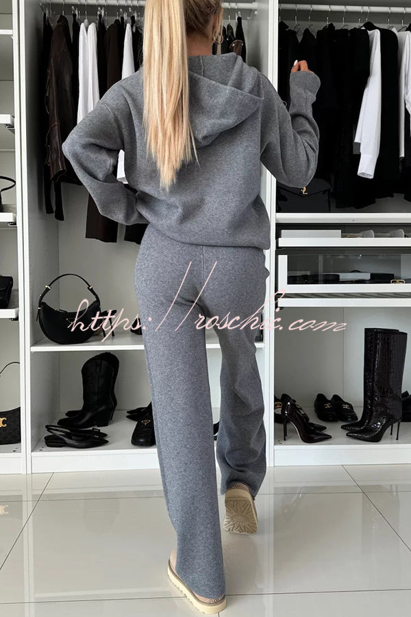 Solid Color Loose Hooded Tie Sweatshirt and Elastic Waist Casual Straight Pants Set