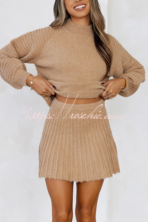 Solid Color Round Neck Puff Sleeve Loose Knit Sweater and Casual Striped Mini Skirt Set