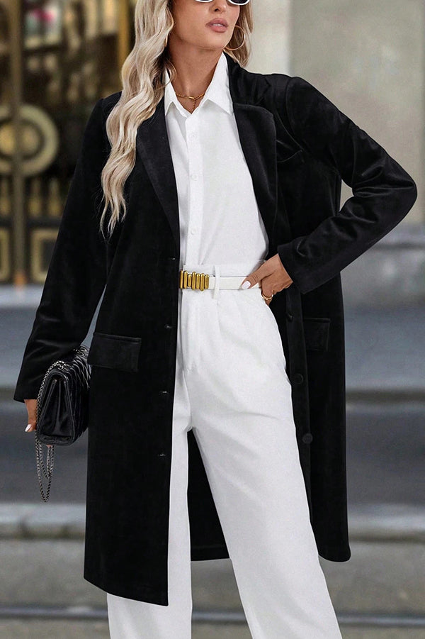 Solid Color Velvet Lapel Long-sleeved Casual Button Mid-length Coat