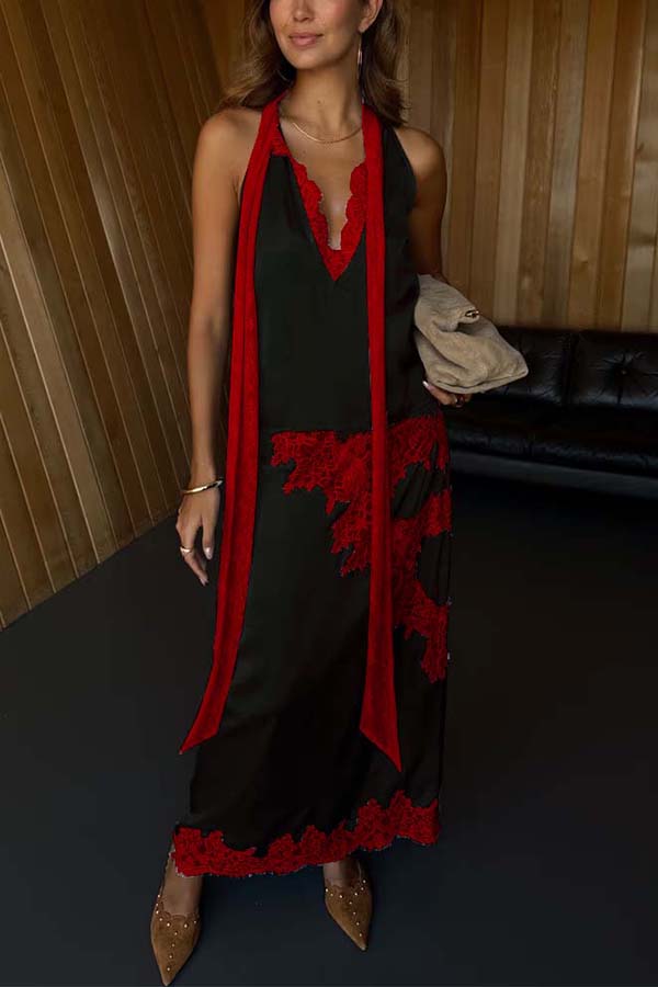 Sunday Social Contrast Color Satin Lace Trim Neck Strap Loose Tank