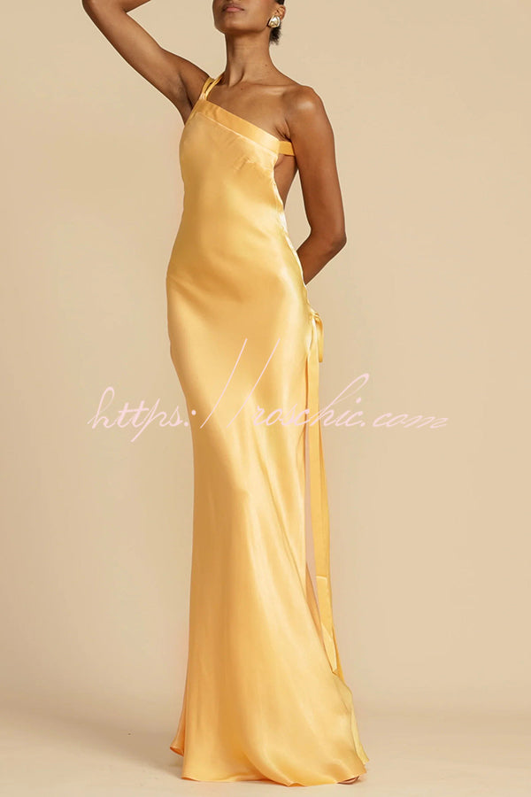 Moonlit Soiree Satin Asymmetrical One Shoulder Backless Strap Maxi Dress