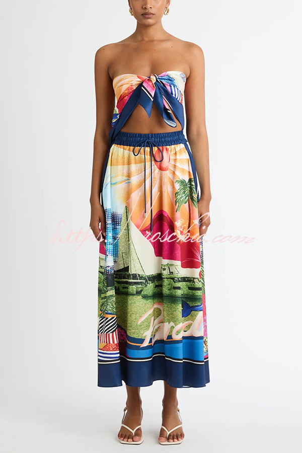 Seaside Holiday Satin Unique Print Knotted Scarf Top and Elastic Waist Loose Maxi Skirt Set