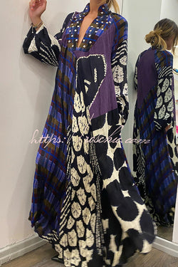 Creative Colorblock Print Long Sleeve Pocketed Shirt Maxi Dress