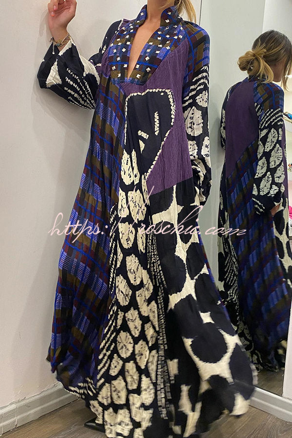 Creative Colorblock Print Long Sleeve Pocketed Shirt Maxi Dress