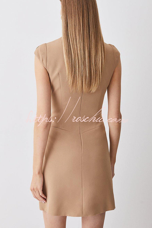 military tailored mini dress Military Style Cap Sleeve High Neck Patchwork Pleated Hem Mini Dress –  roschic