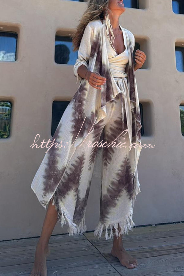 Katy Linen Blend Tie-dye Wrap Tie-up Elastic Waist Tassel Trim Pants