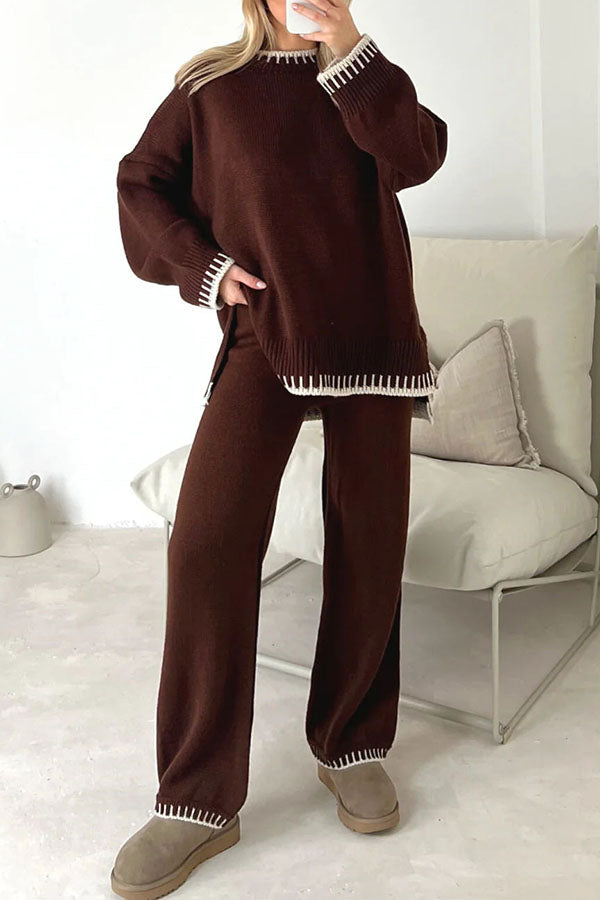 Life Memories Knit Contrast Stitch Trim Pullover Sweater and Stretch Loose Pants Set