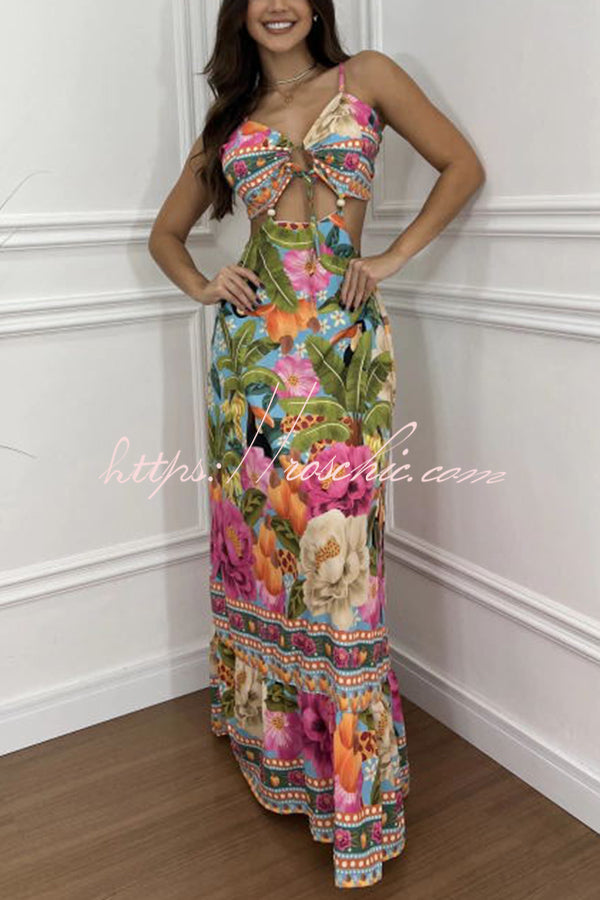 Mexico Style Tropical Print Ring Cutout Lace-up Vacation Maxi Dress   roschic