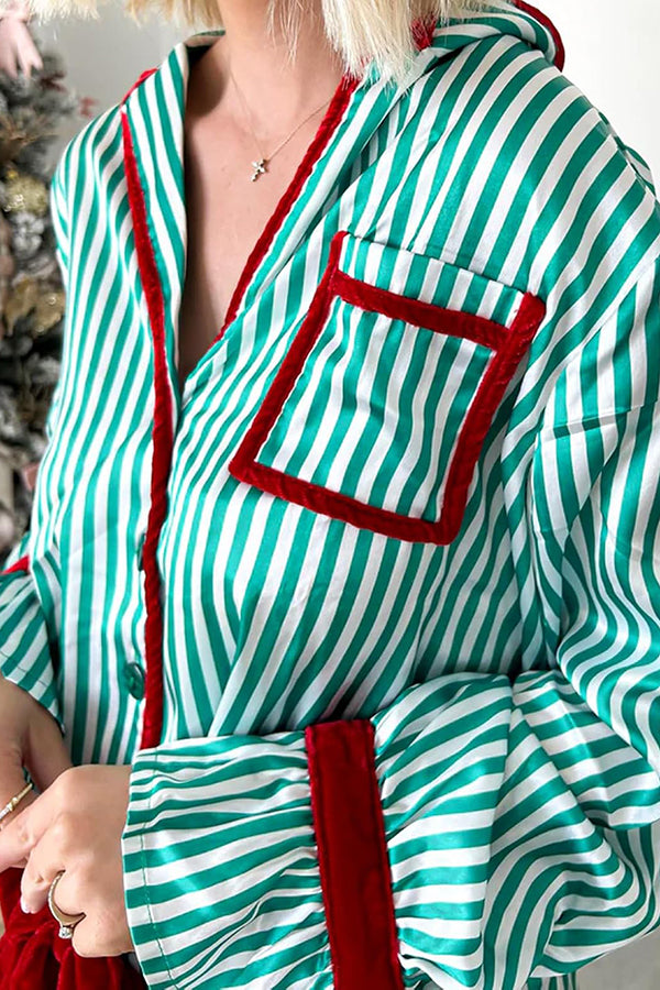 Striped Printed Color-blocked Trim Long-sleeved Loose Top and Elastic Waist Belt Wide-leg Pants Set