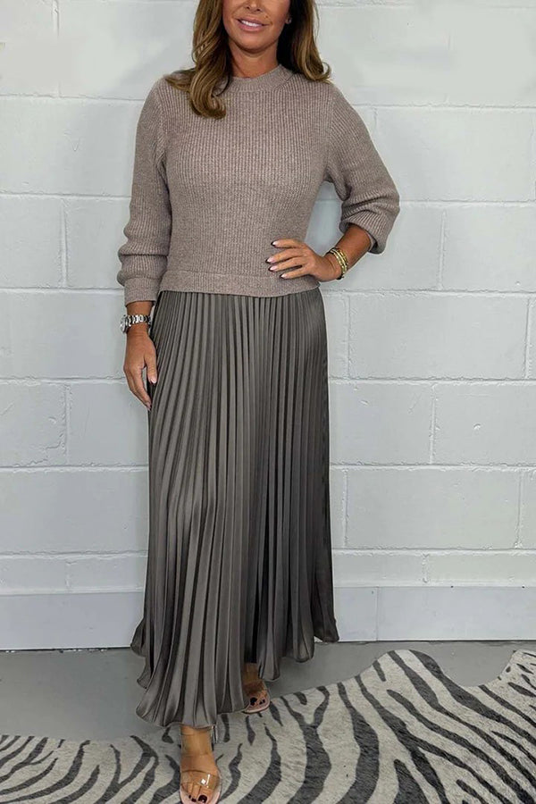 Stylish Knitted Round Neck Long Sleeve Patchwork Pleated Hem Maxi Dress, Grey / 2XL