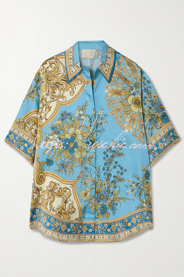 Satin Floral Print Loose Shirt and Elastic Waist Pocket Casual Wide-leg Pants