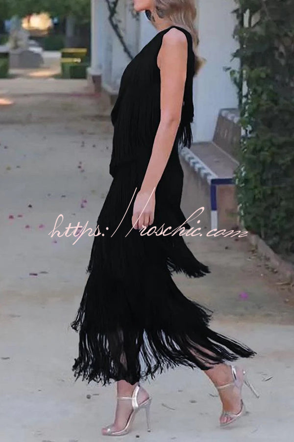 Stylish Fringed One Shoulder Asymmetric Midi Dress