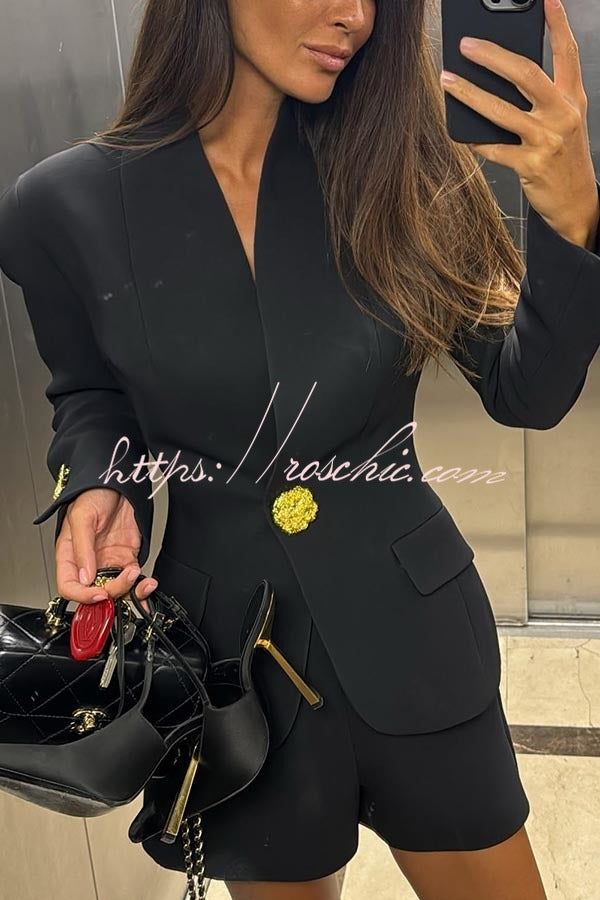 Classic Luxury Unique Metal Button Stand Collar Long Sleeve Blazer