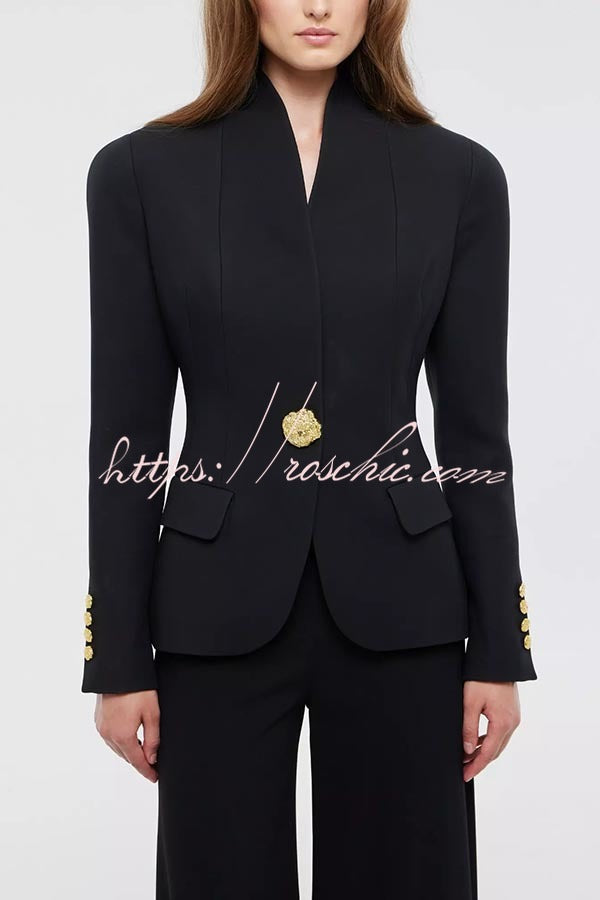 Classic Luxury Unique Metal Button Stand Collar Long Sleeve Blazer