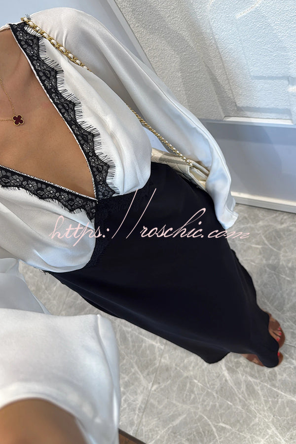 Lainei Contrast Color Satin Lace Trim V-neck Long Sleeve Maxi Dress