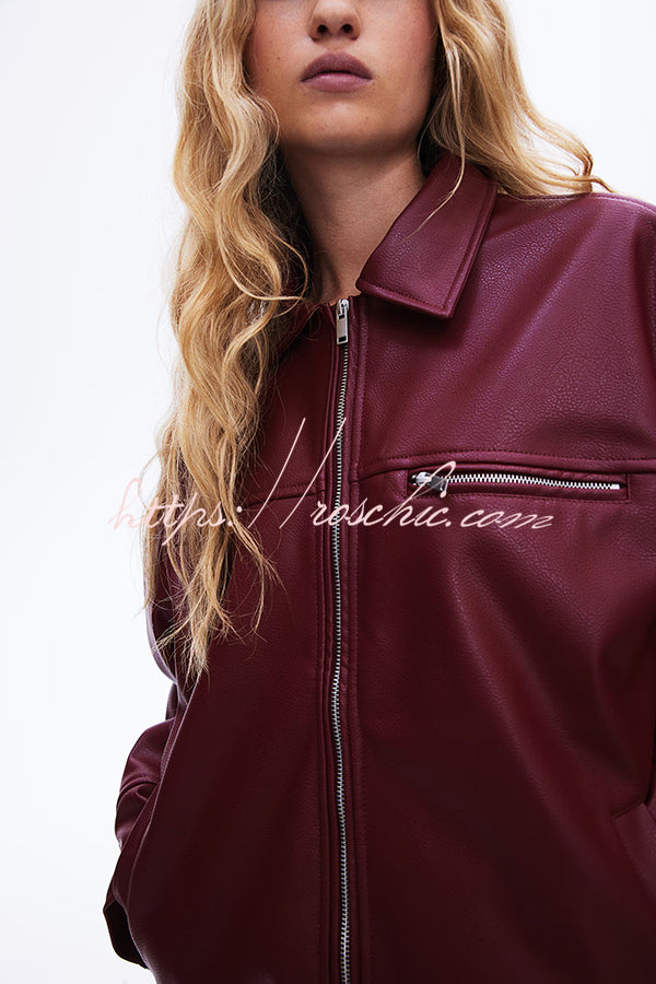 Fashion Lapel Long Sleeve Pocket Zipper Leather Jacket