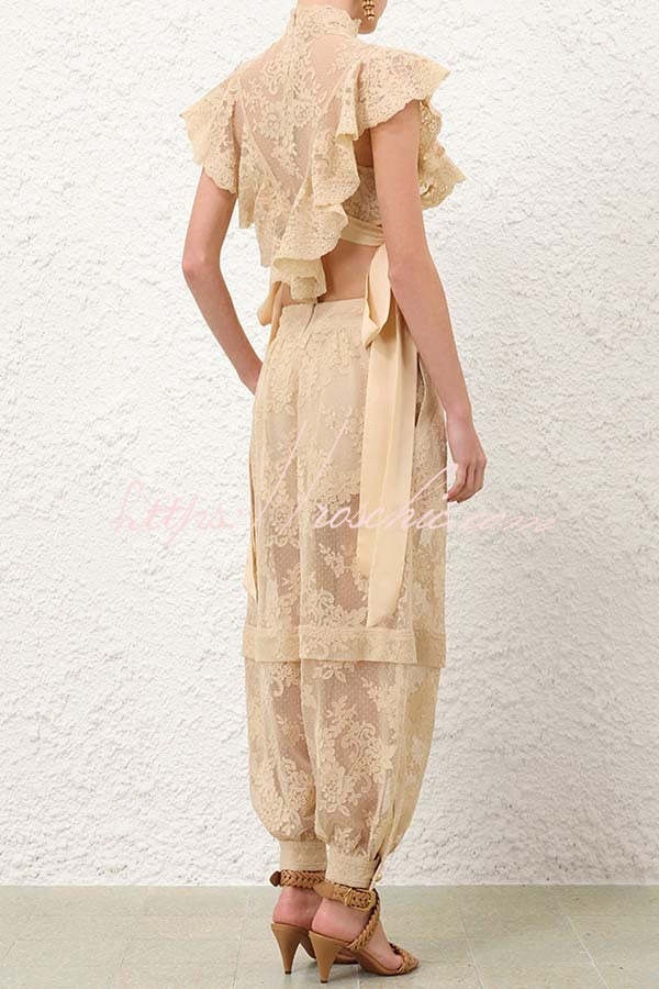 Ellie Lace Gathered Waist Pocket Button Ankle Cuffs Harem Pant