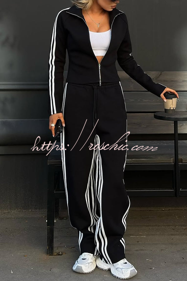 Fashionable Sports Style Striped Long-sleeved Jacket and Elastic Waist Casual Pants Set