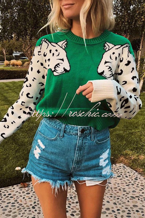 Always Spot Leopard Print Crew Neck Long Sleeve Sweater