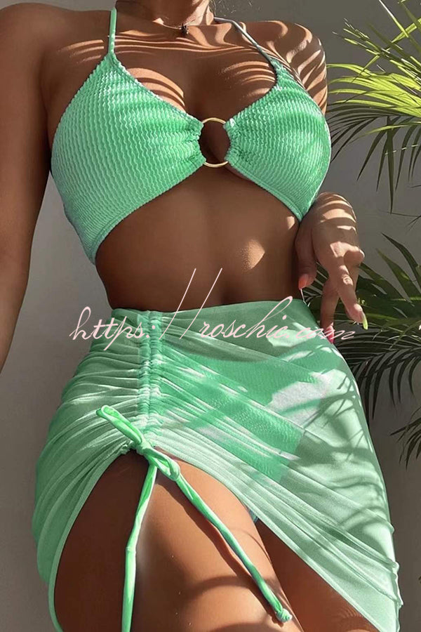 Commuting Style Suspender Pleated Hoop Three Pieces Swimsuit Set