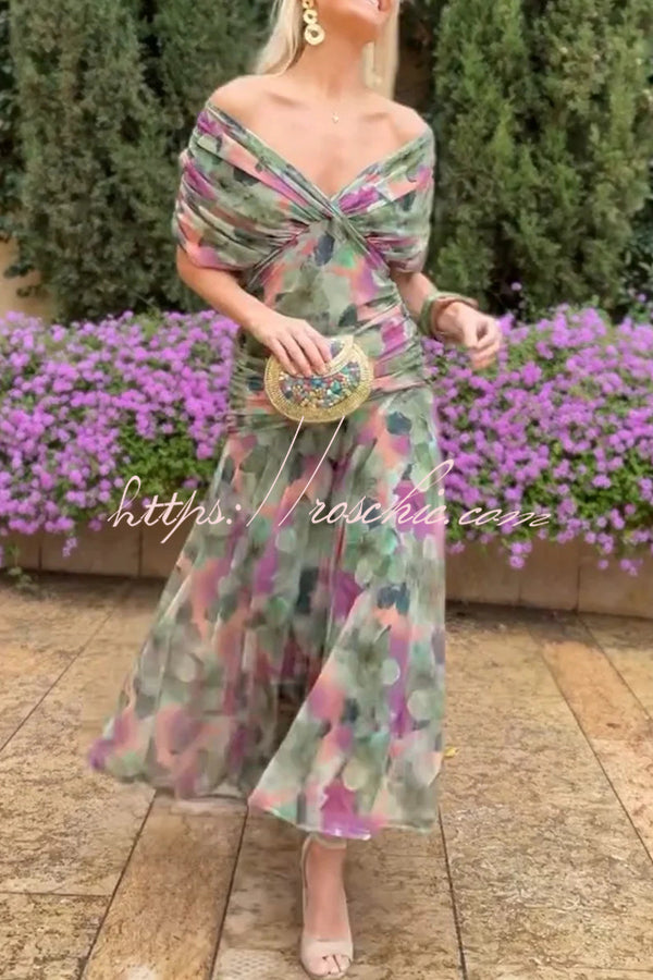 Unique Printed V-Neck Waisted Mesh Holiday Maxi Dress