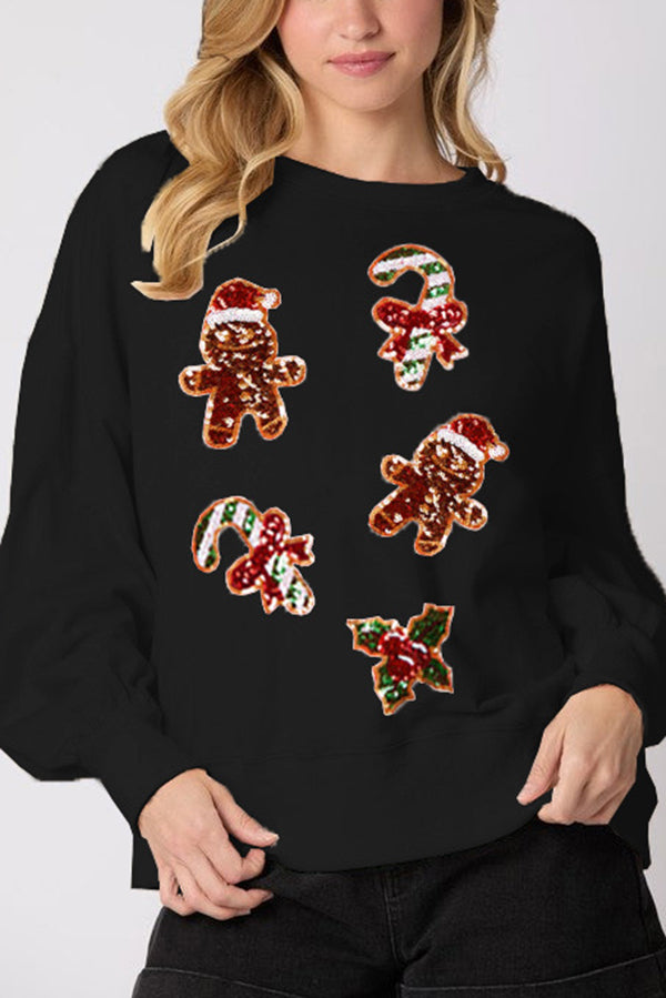 Christmas Gingerbread Man Sequin Casual Long Sleeve Sweatshirt